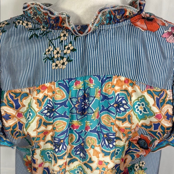 JOHNNY WAS STRIPED RUFFLE BLOUSE BLUE ORANGE S - Picture 7 of 8